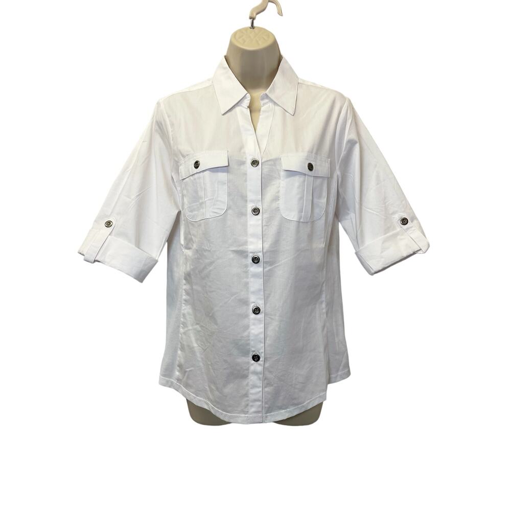 White Business Casual, Crisp and Comfortable. Button Up. Small with stretch.